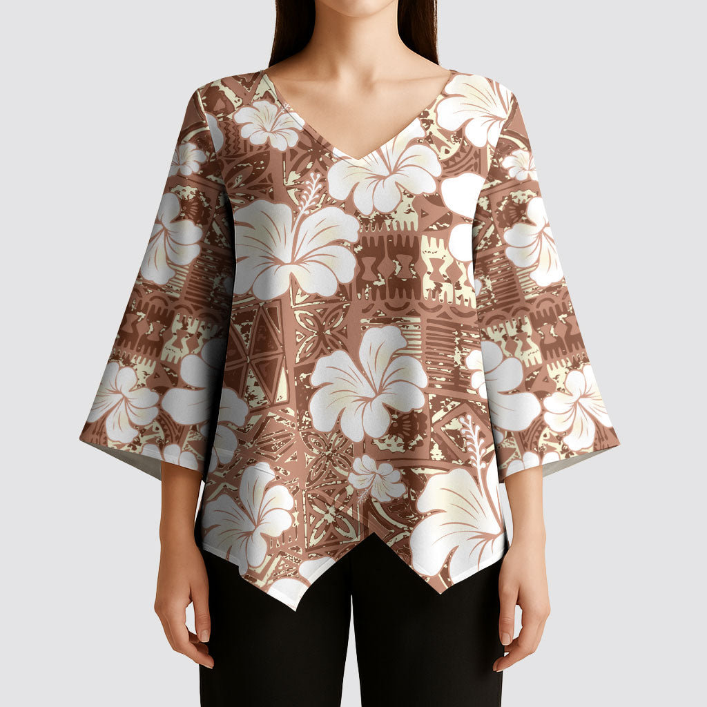 Brown Bula Fiji Masi Hibiscus Seamless Kimono Sleeve Blouse