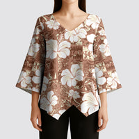 Brown Bula Fiji Masi Hibiscus Seamless Kimono Sleeve Blouse