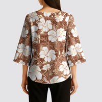 Brown Bula Fiji Masi Hibiscus Seamless Kimono Sleeve Blouse