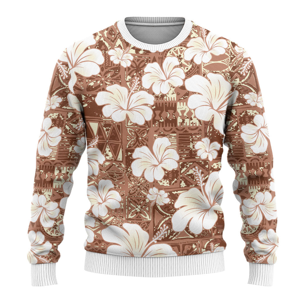 Brown Bula Fiji Masi Hibiscus Seamless Ugly Christmas Sweater