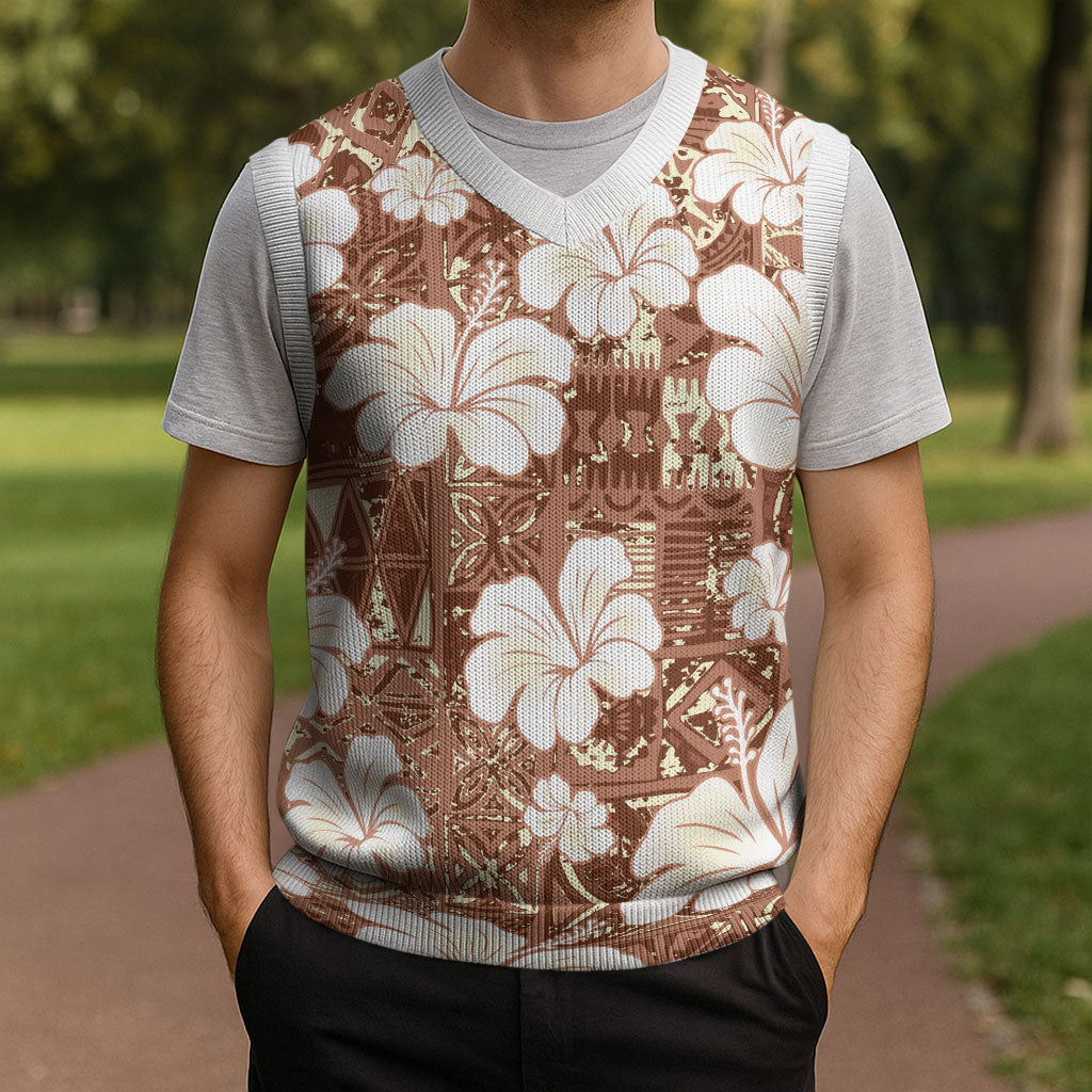 Brown Bula Fiji Masi Hibiscus Seamless Christmas Knitted V-Neck Vest