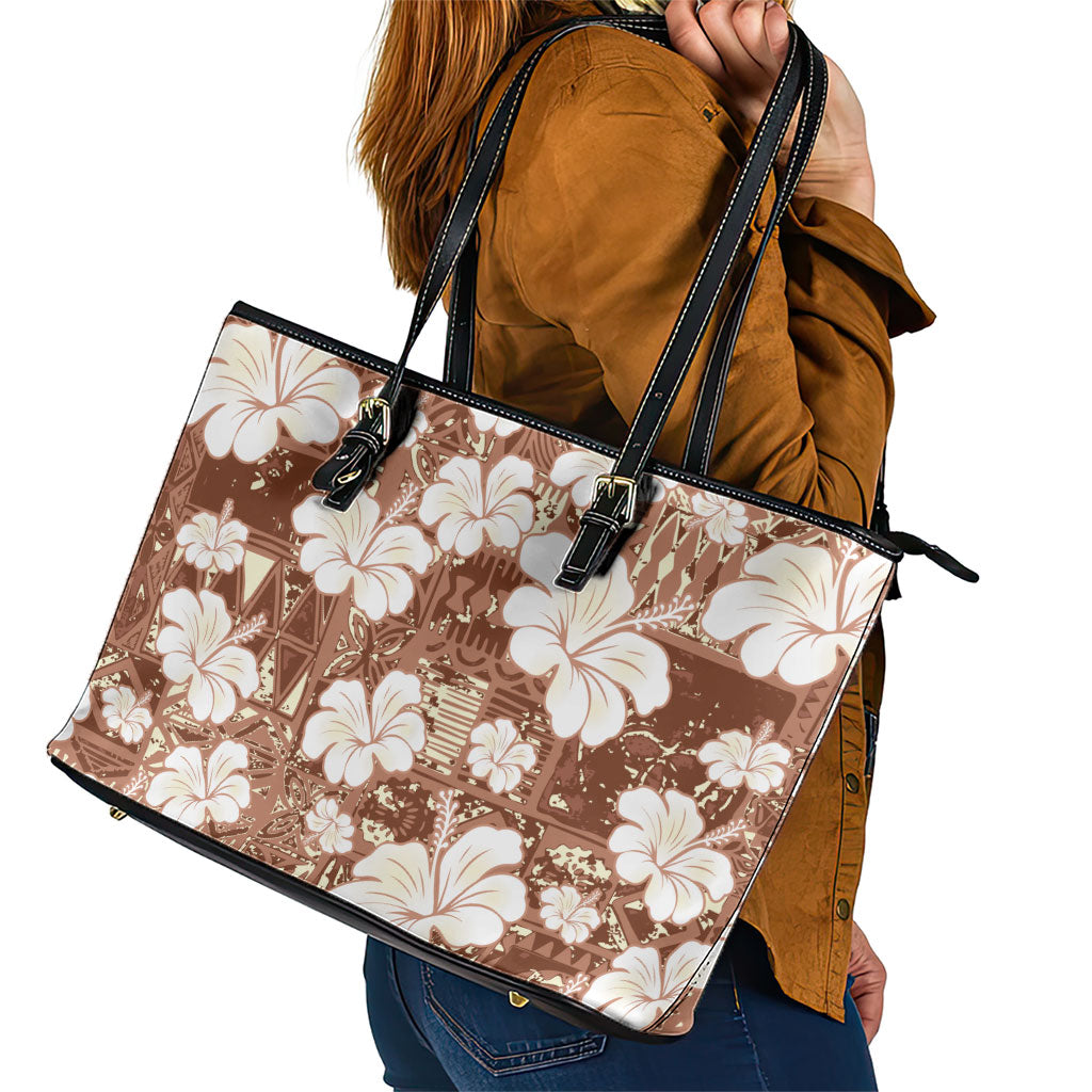 Brown Bula Fiji Masi Hibiscus Seamless Leather Tote Bag