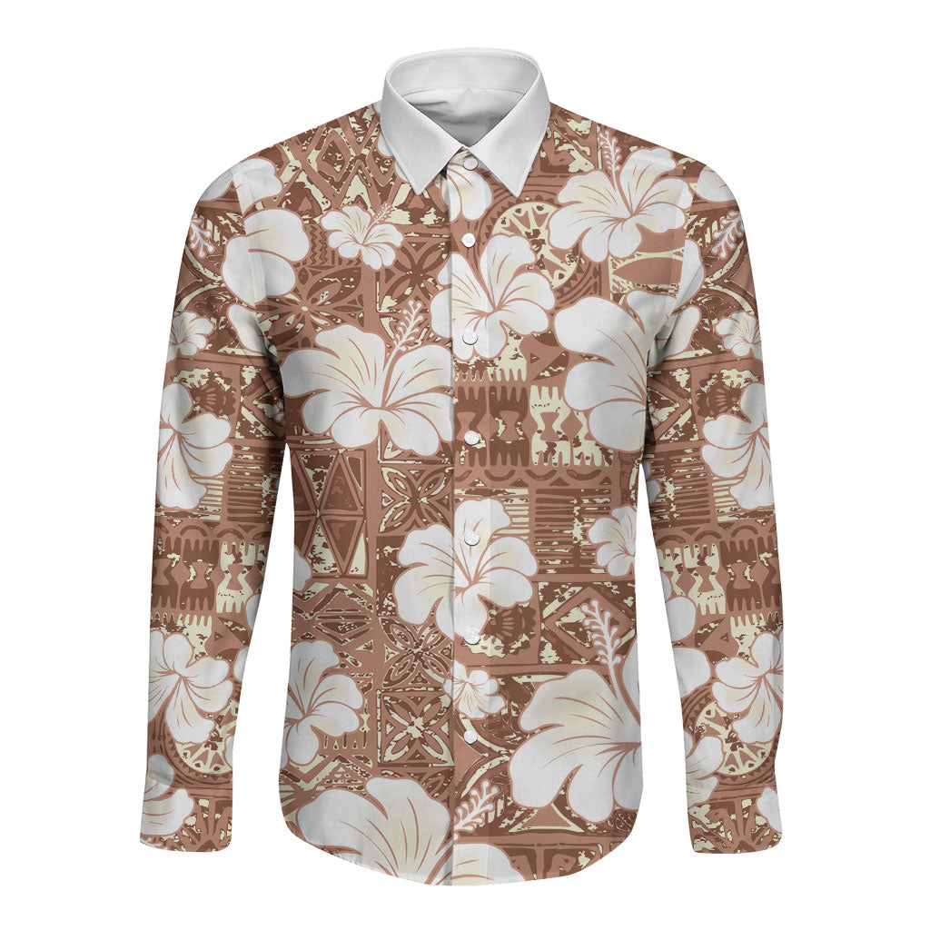 Brown Bula Fiji Masi Hibiscus Seamless Long Sleeve Button Shirt