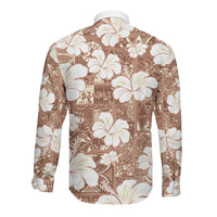Brown Bula Fiji Masi Hibiscus Seamless Long Sleeve Button Shirt
