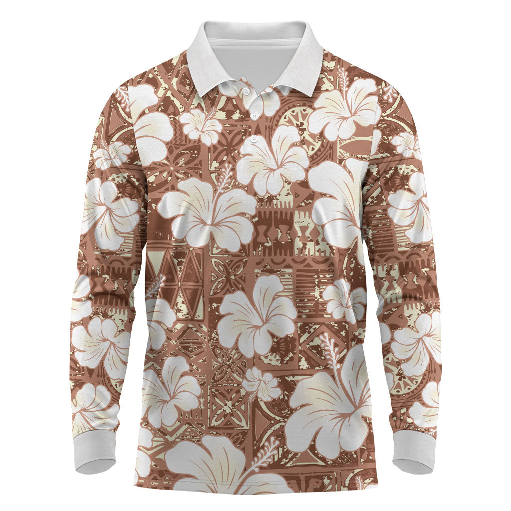 Brown Bula Fiji Masi Hibiscus Seamless Long Sleeve Polo Shirt