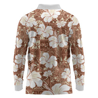 Brown Bula Fiji Masi Hibiscus Seamless Long Sleeve Polo Shirt