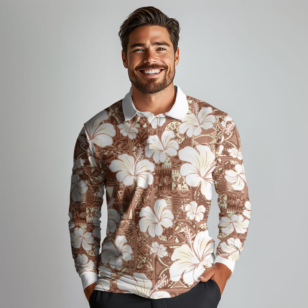 Brown Bula Fiji Masi Hibiscus Seamless Long Sleeve Polo Shirt