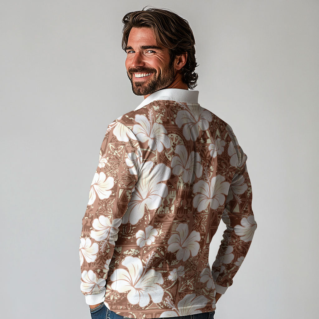 Brown Bula Fiji Masi Hibiscus Seamless Long Sleeve Polo Shirt