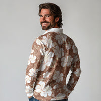 Brown Bula Fiji Masi Hibiscus Seamless Long Sleeve Polo Shirt
