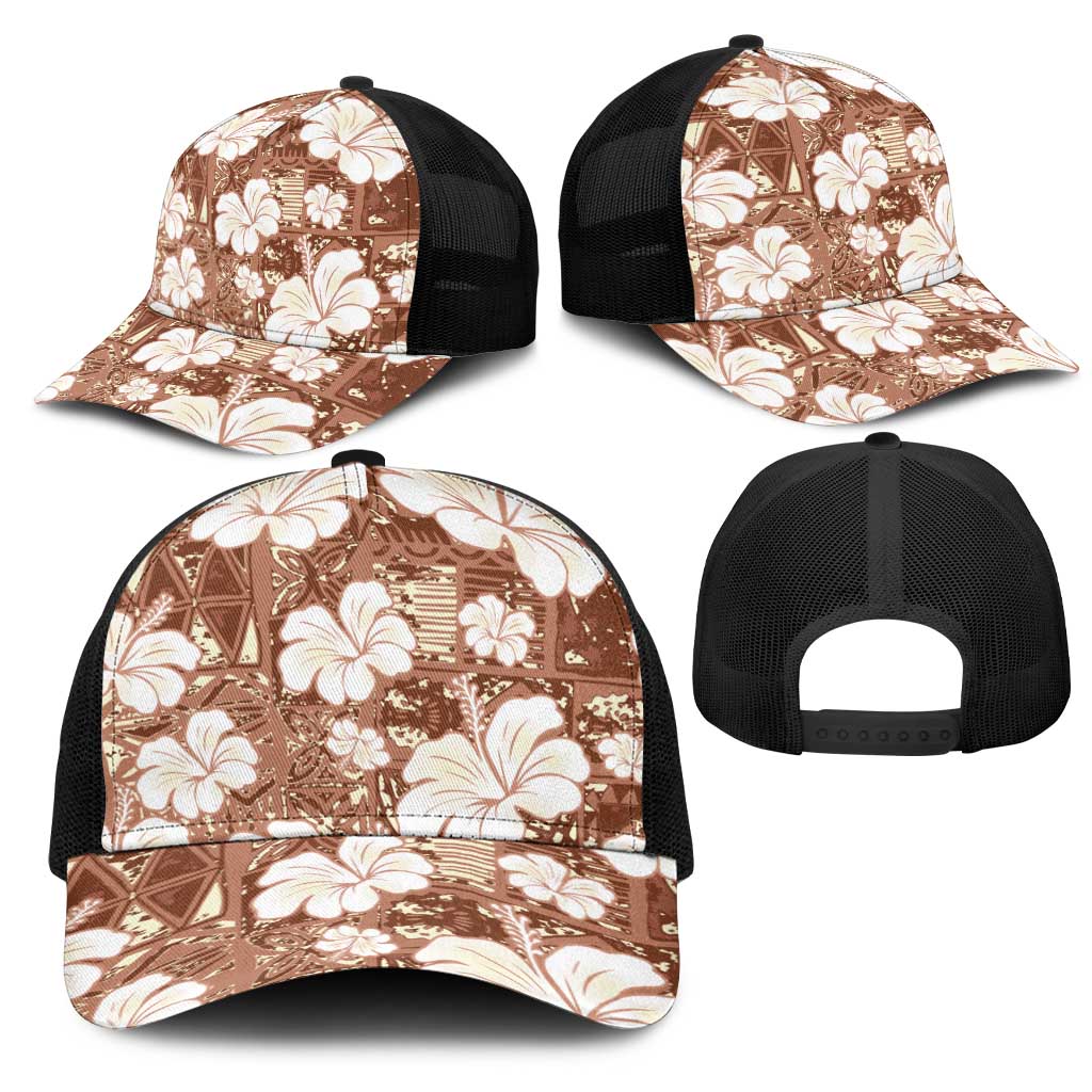 Brown Bula Fiji Masi Hibiscus Seamless Mesh Trucker Cap