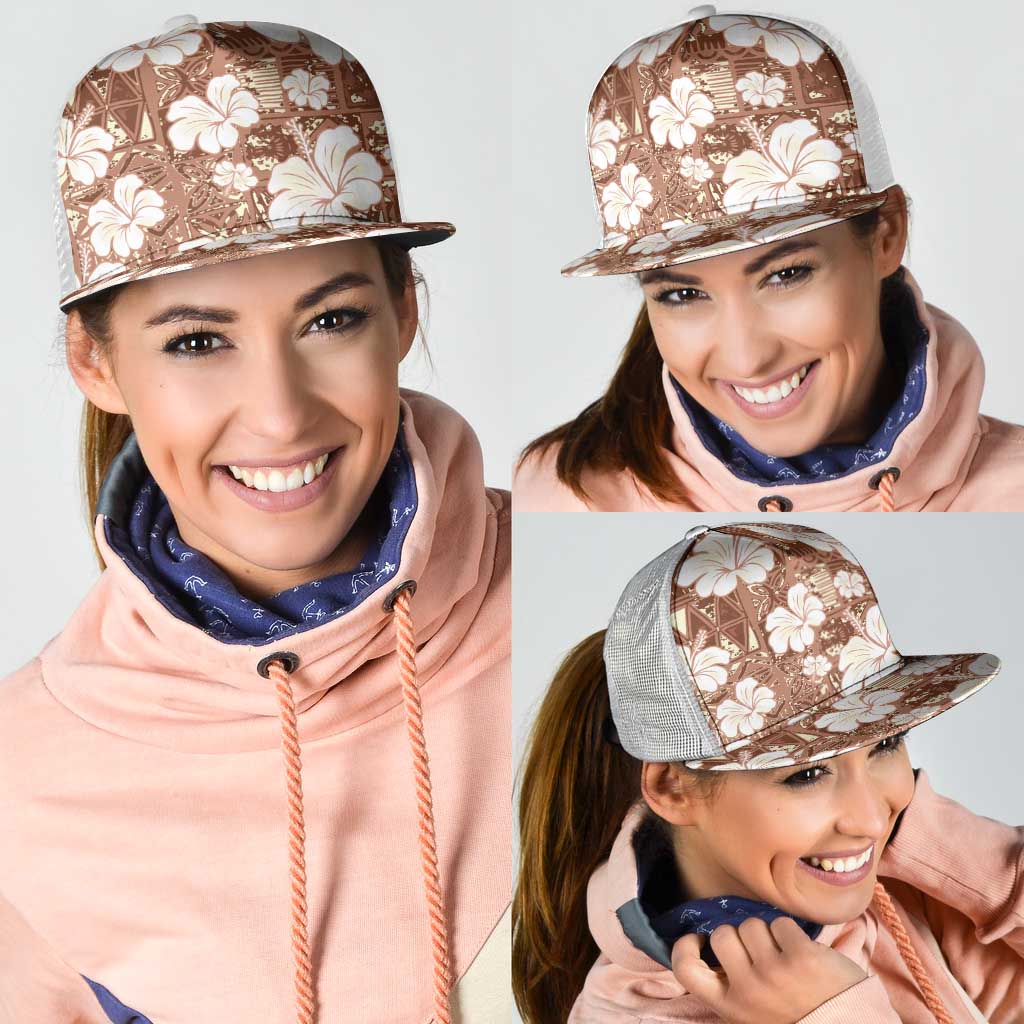 Brown Bula Fiji Masi Hibiscus Seamless Mesh Trucker Cap