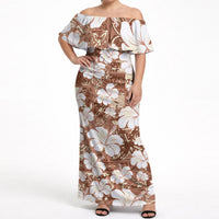 Brown Bula Fiji Masi Hibiscus Seamless Off Shoulder Maxi Dress
