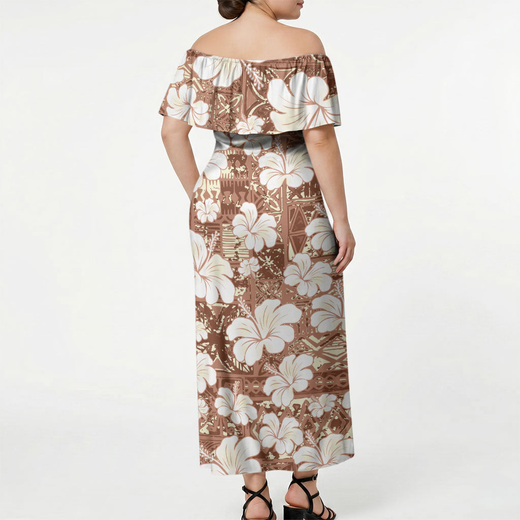 Brown Bula Fiji Masi Hibiscus Seamless Off Shoulder Maxi Dress