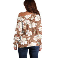 Brown Bula Fiji Masi Hibiscus Seamless Off Shoulder Sweater