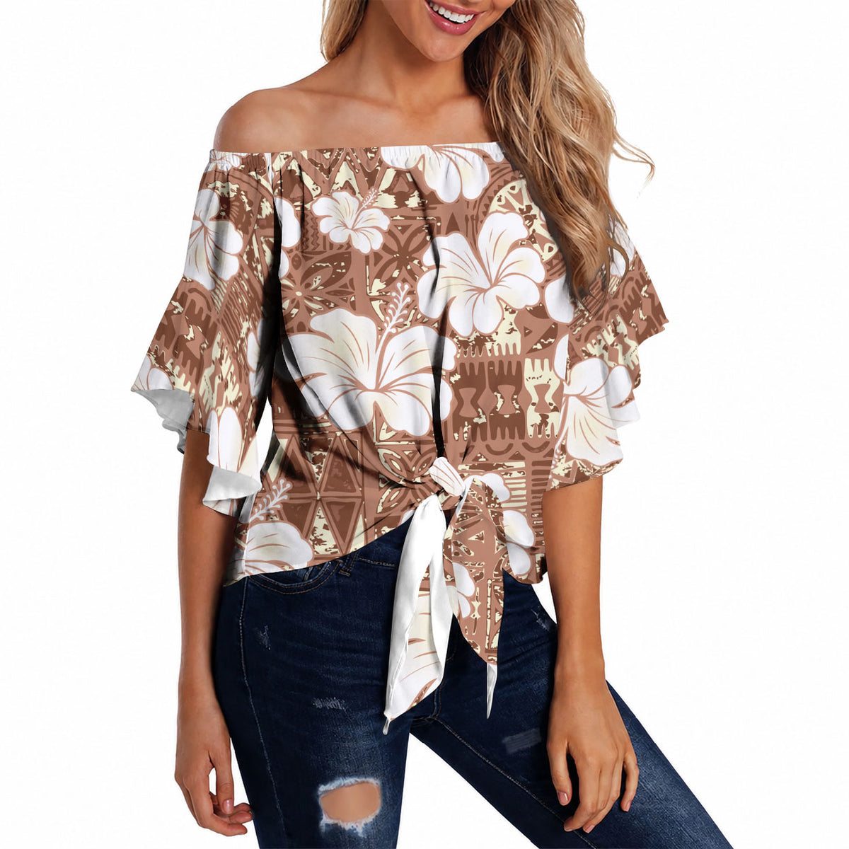 Brown Bula Fiji Masi Hibiscus Seamless Off Shoulder Wrap Waist Top