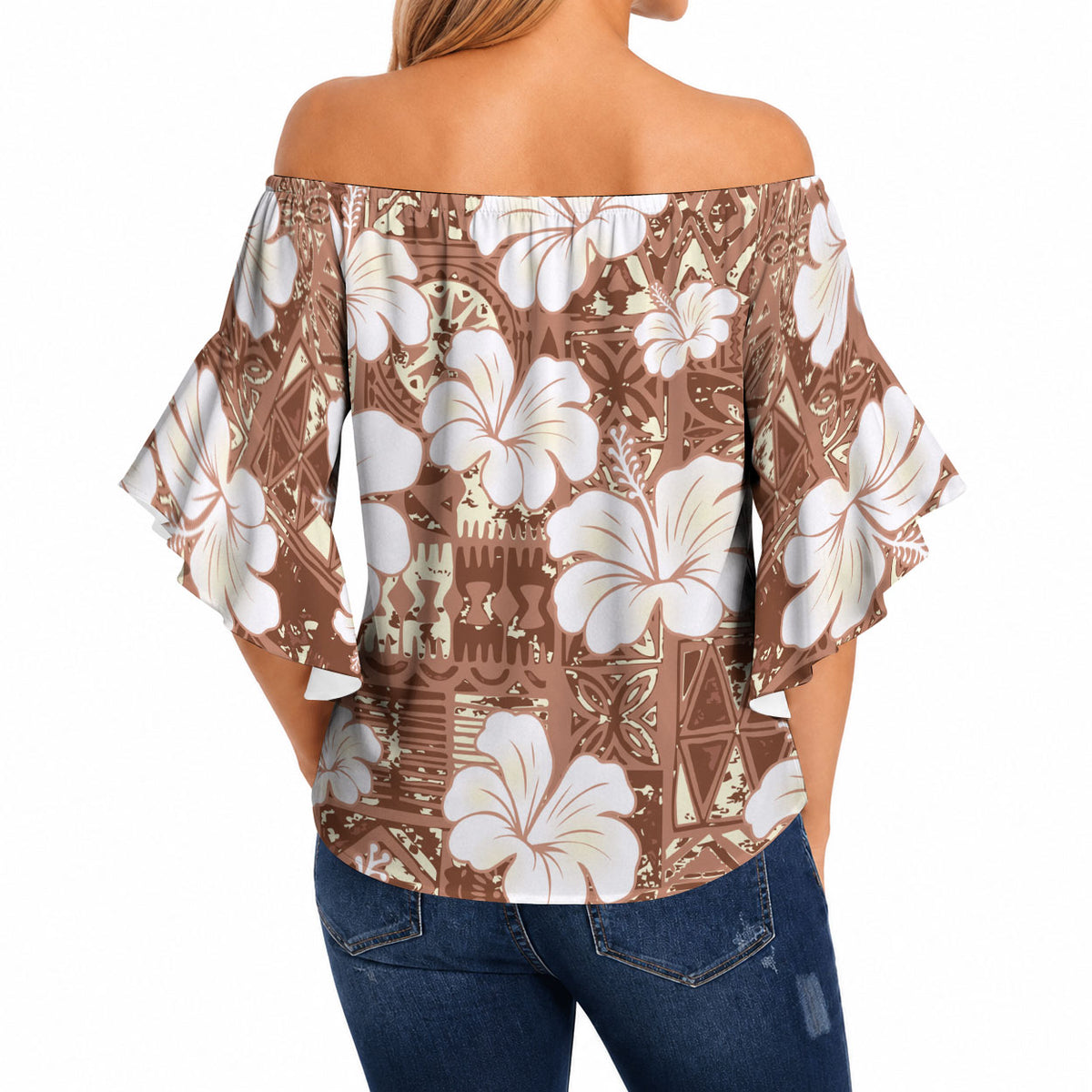 Brown Bula Fiji Masi Hibiscus Seamless Off Shoulder Wrap Waist Top
