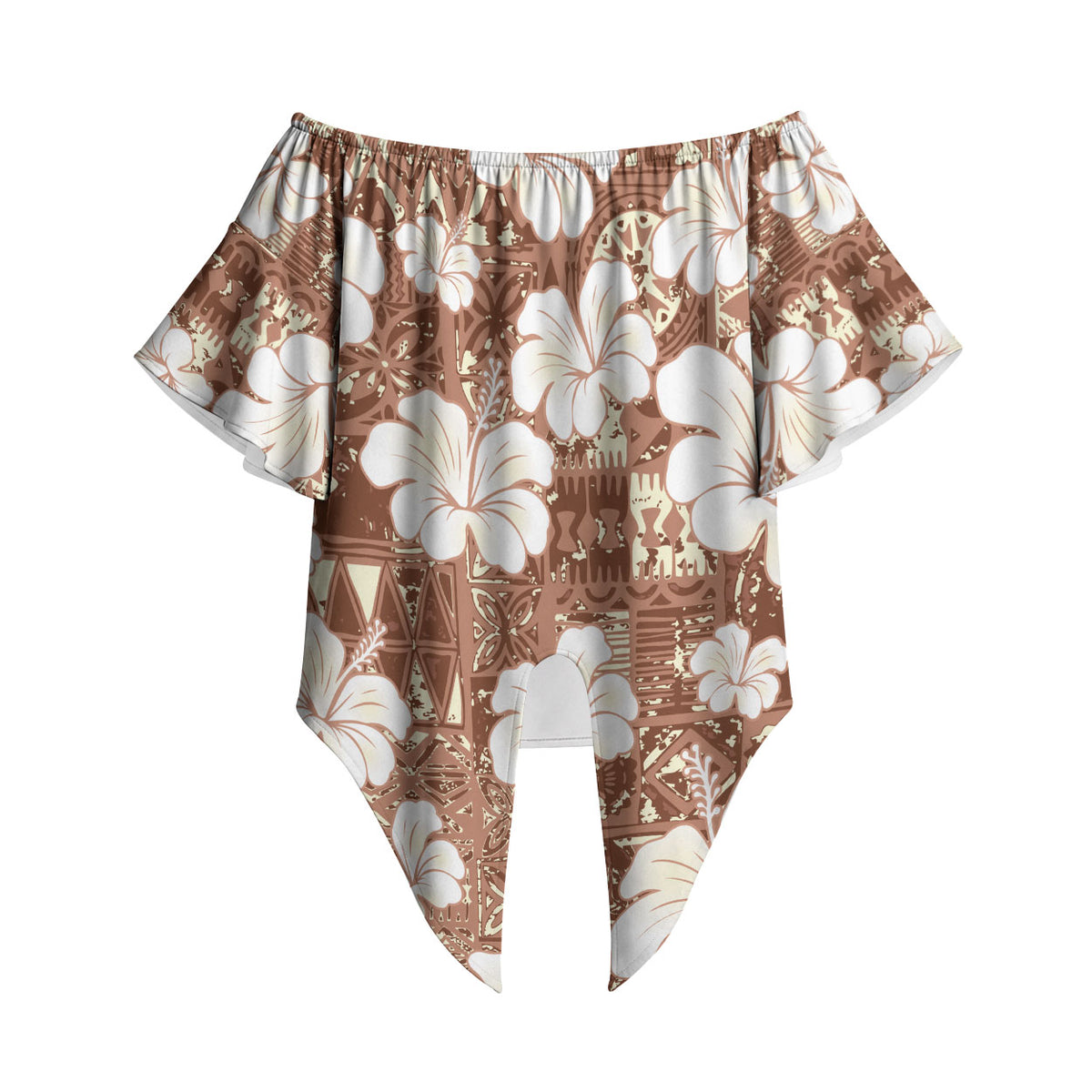 Brown Bula Fiji Masi Hibiscus Seamless Off Shoulder Wrap Waist Top