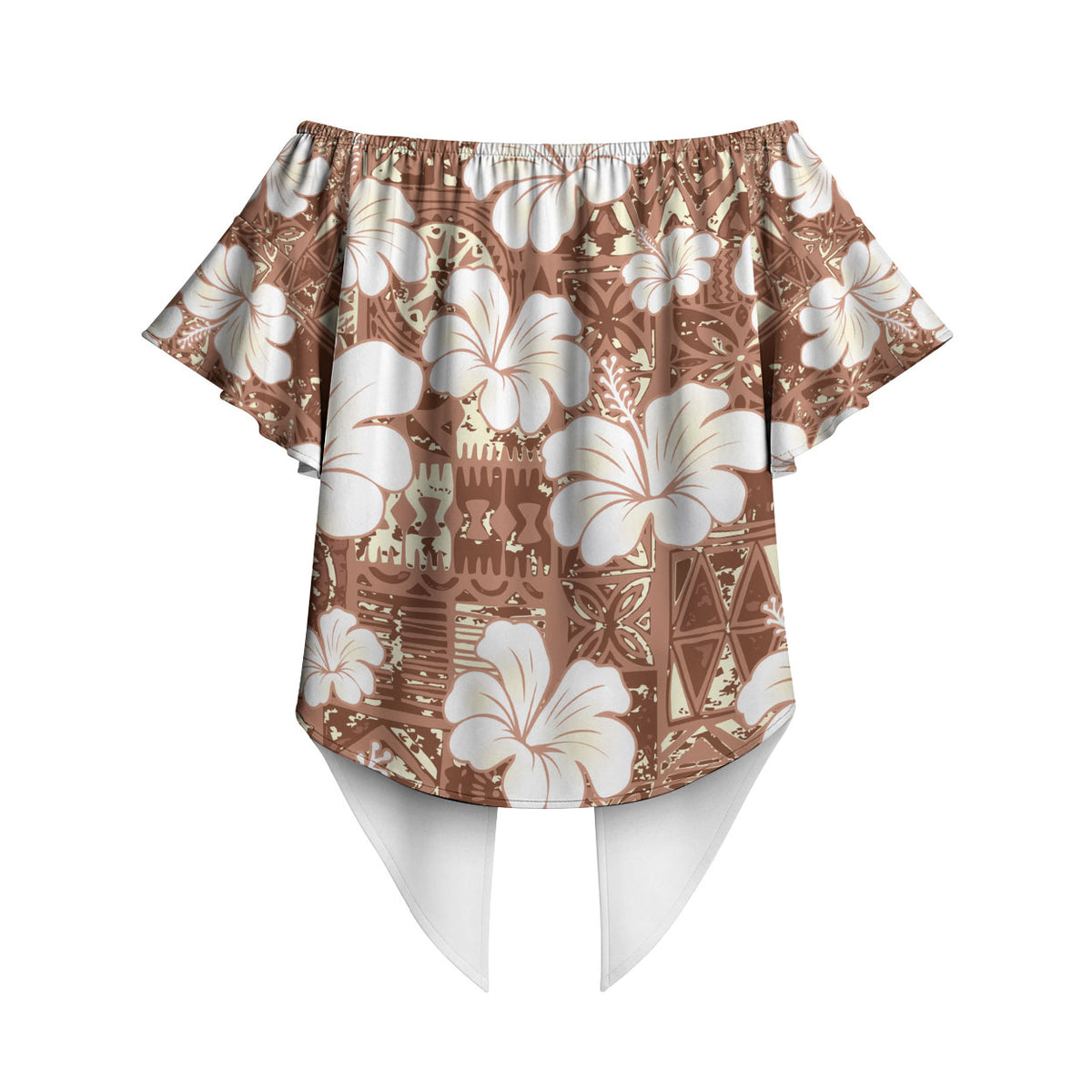 Brown Bula Fiji Masi Hibiscus Seamless Off Shoulder Wrap Waist Top