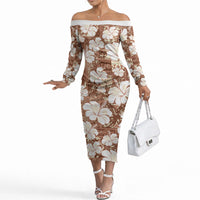 Brown Bula Fiji Masi Hibiscus Seamless Off The Shoulder Long Sleeve Dress