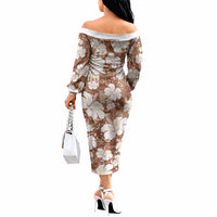 Brown Bula Fiji Masi Hibiscus Seamless Off The Shoulder Long Sleeve Dress