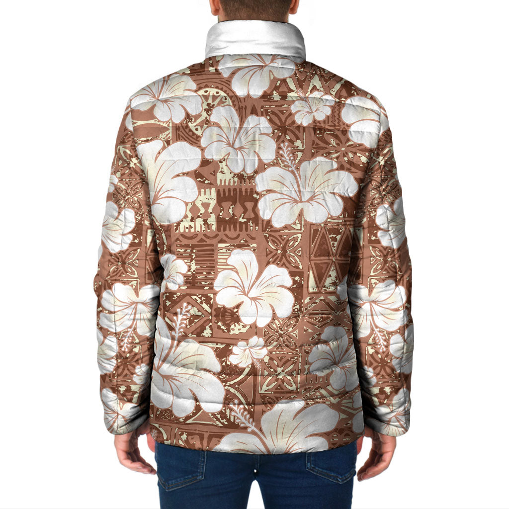 Brown Bula Fiji Masi Hibiscus Seamless Padded Jacket