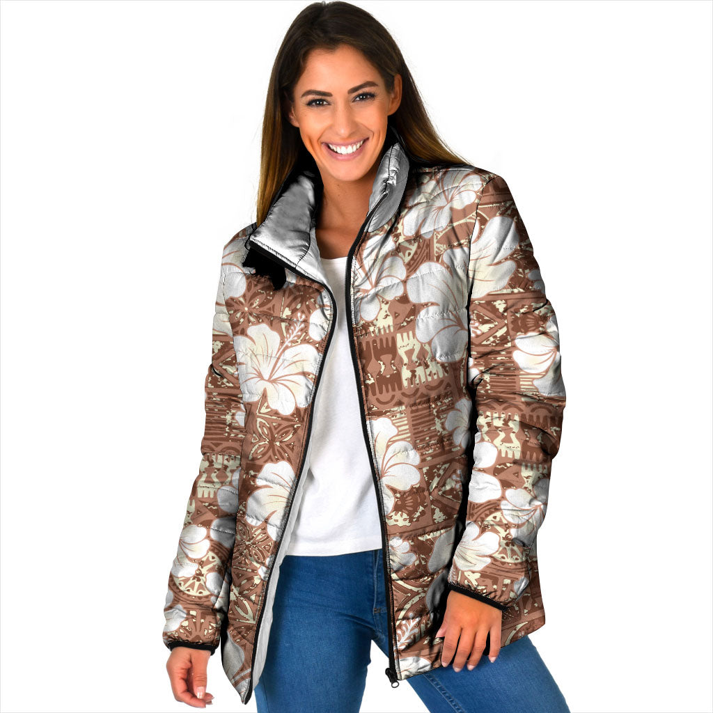 Brown Bula Fiji Masi Hibiscus Seamless Padded Jacket