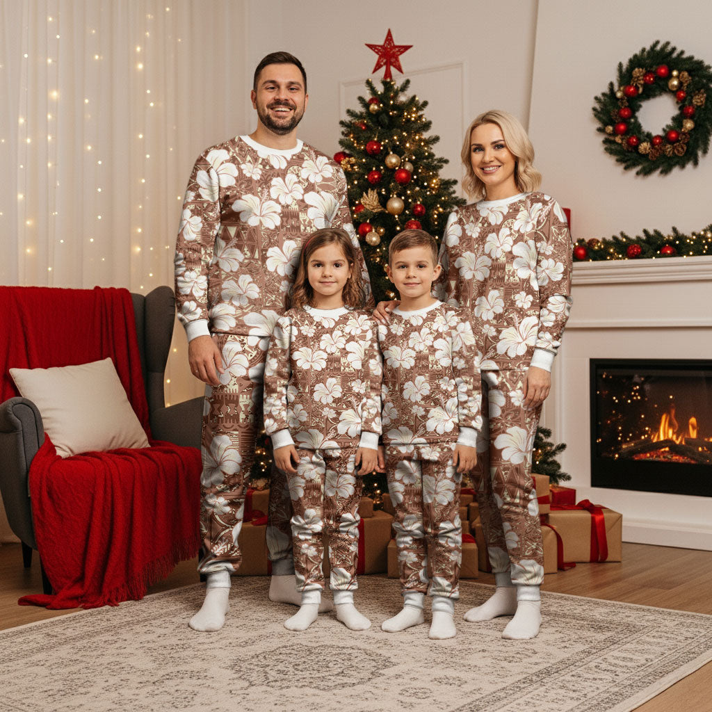 Brown Bula Fiji Masi Hibiscus Seamless Christmas Pajama Set