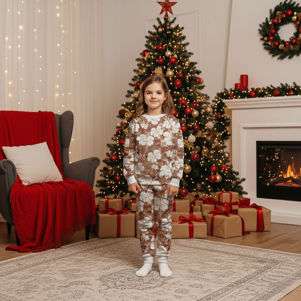 Brown Bula Fiji Masi Hibiscus Seamless Christmas Pajama Set