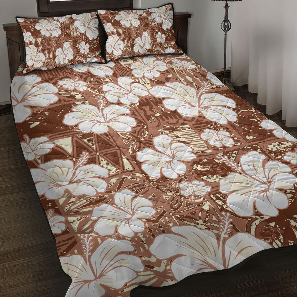 Brown Bula Fiji Masi Hibiscus Seamless Quilt Bed Set