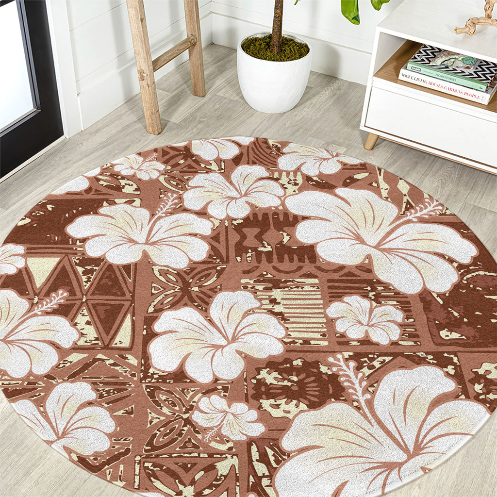 Brown Bula Fiji Masi Hibiscus Seamless Round Carpet