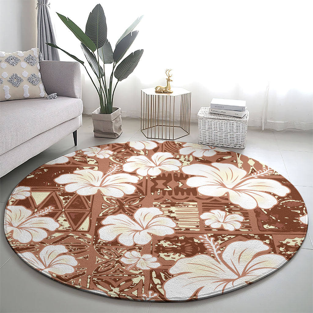 Brown Bula Fiji Masi Hibiscus Seamless Round Carpet