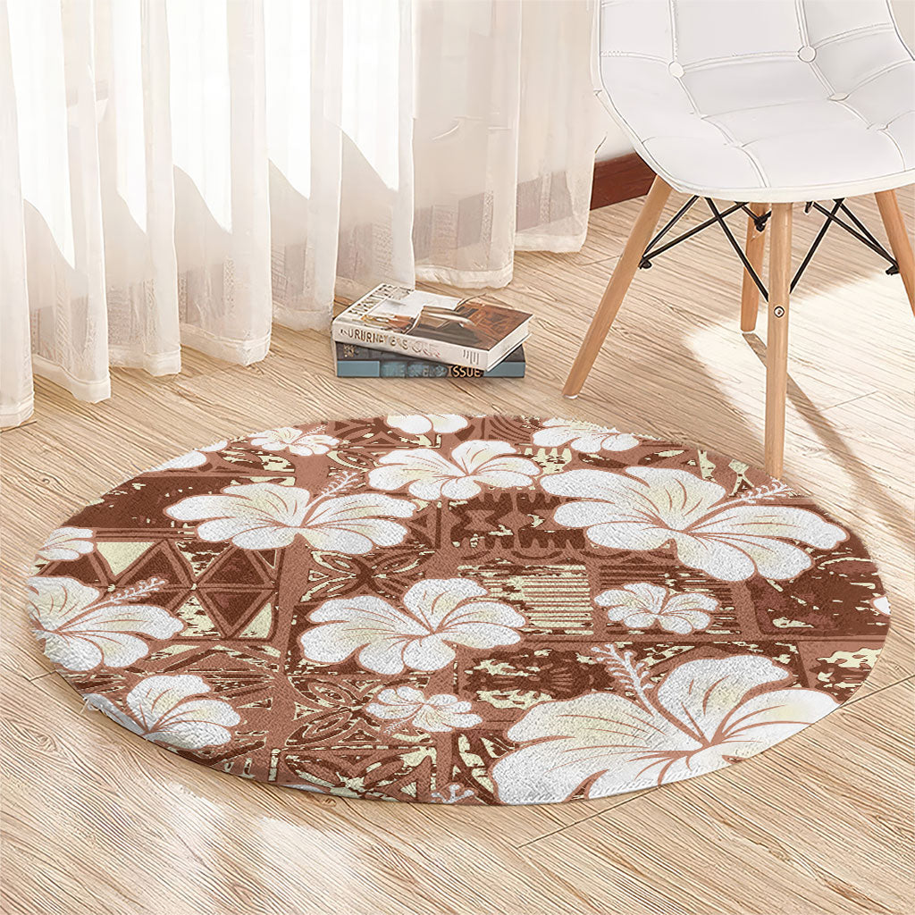 Brown Bula Fiji Masi Hibiscus Seamless Round Carpet