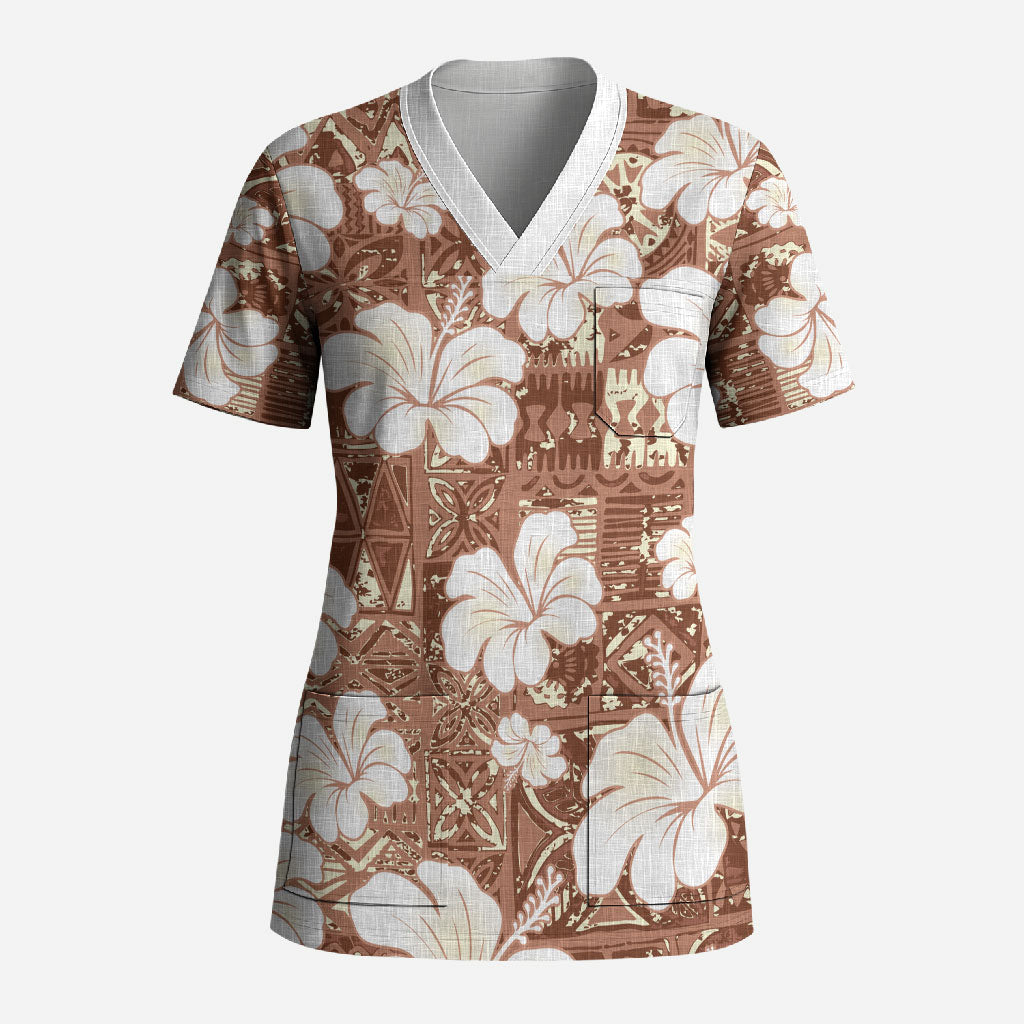 Brown Bula Fiji Masi Hibiscus Seamless Scrub Top