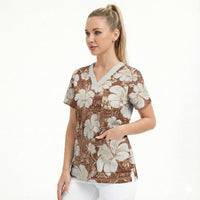Brown Bula Fiji Masi Hibiscus Seamless Scrub Top