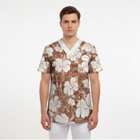 Brown Bula Fiji Masi Hibiscus Seamless Scrub Top