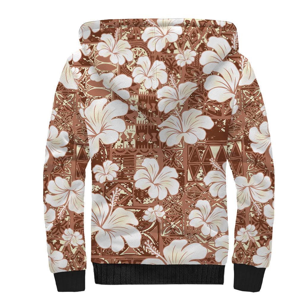 Brown Bula Fiji Masi Hibiscus Seamless Sherpa Hoodie