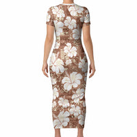 Brown Bula Fiji Masi Hibiscus Seamless Short Sleeve Bodycon Dress