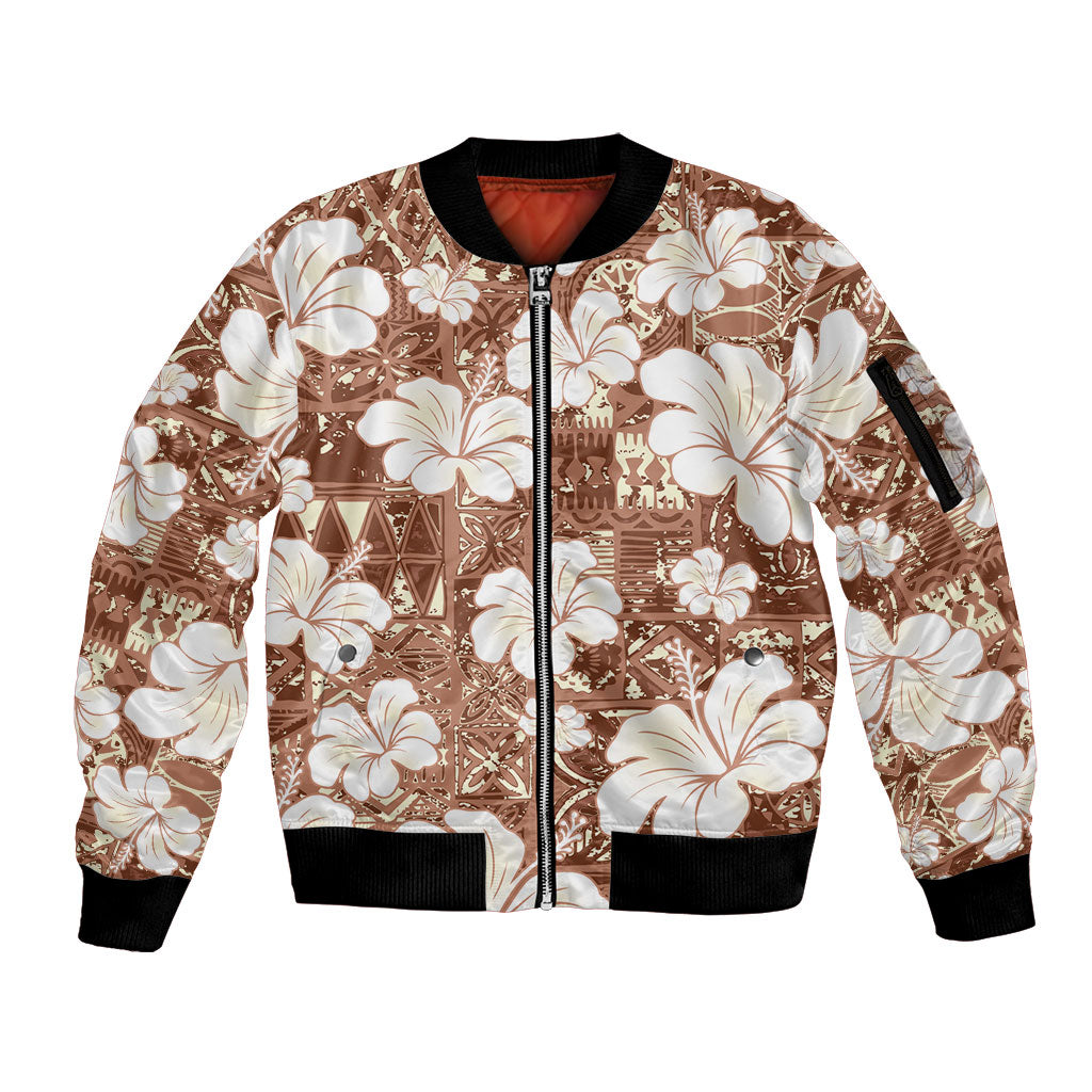 Brown Bula Fiji Masi Hibiscus Seamless Sleeve Zip Bomber Jacket