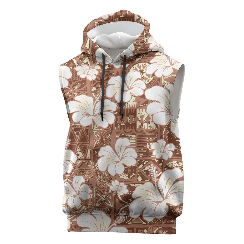 Brown Bula Fiji Masi Hibiscus Seamless Sleeveless Hoodie