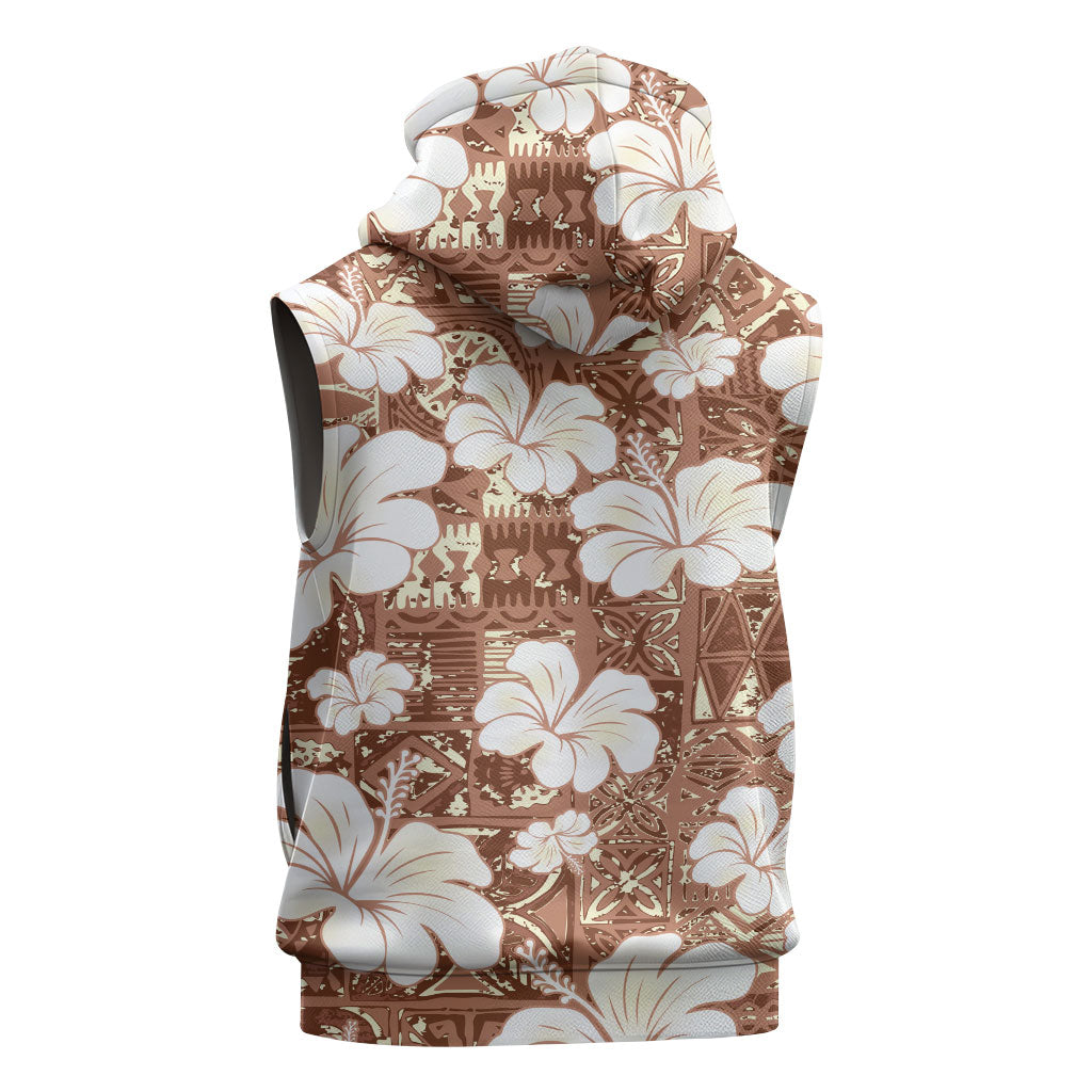 Brown Bula Fiji Masi Hibiscus Seamless Sleeveless Hoodie