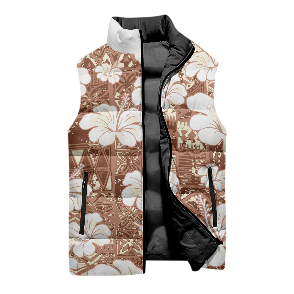 Brown Bula Fiji Masi Hibiscus Seamless Sleeveless Puffer Jacket