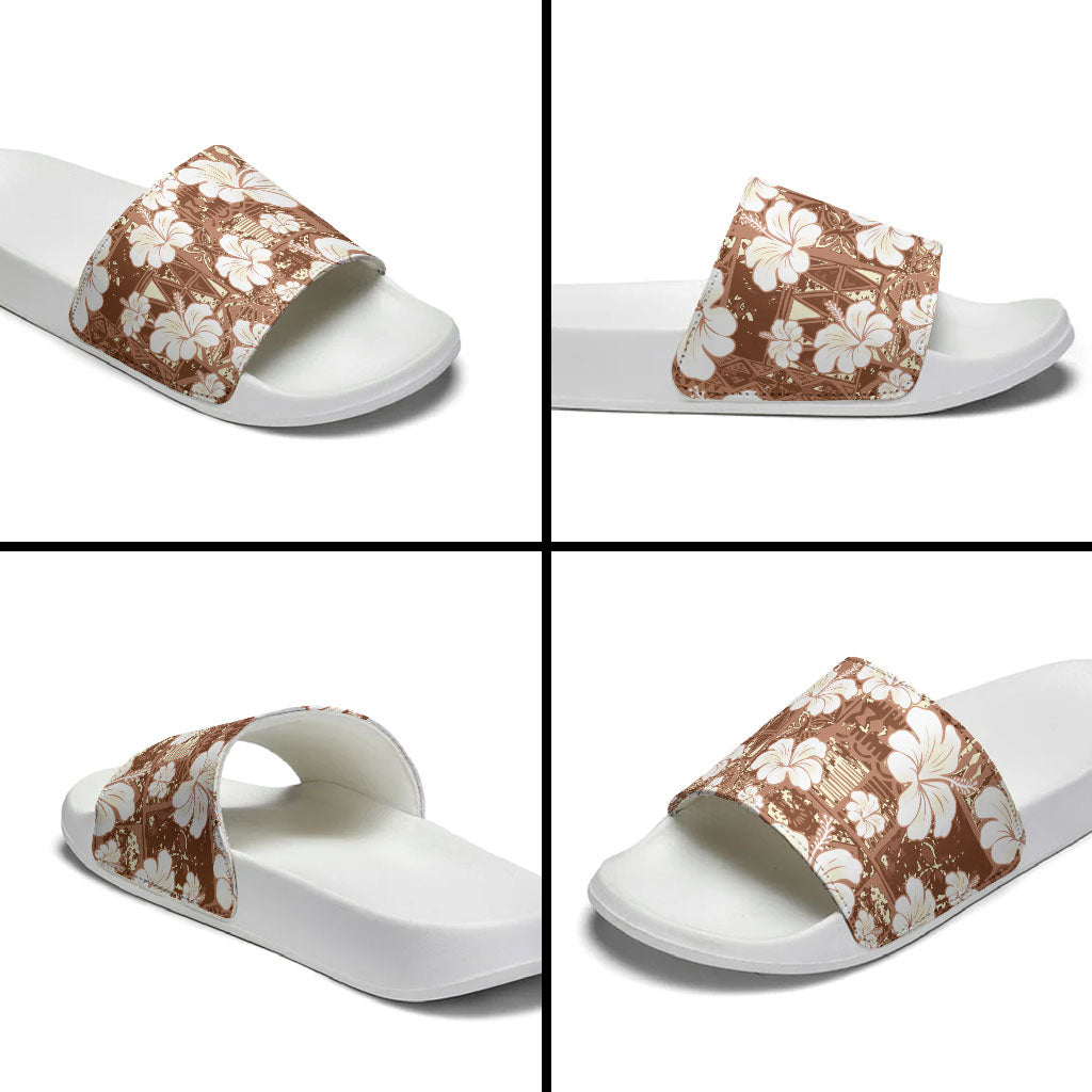 Brown Bula Fiji Masi Hibiscus Seamless Slide Sandals
