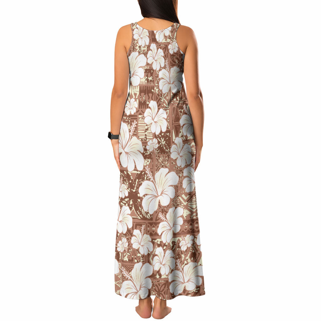 Brown Bula Fiji Masi Hibiscus Seamless Tank Maxi Dress
