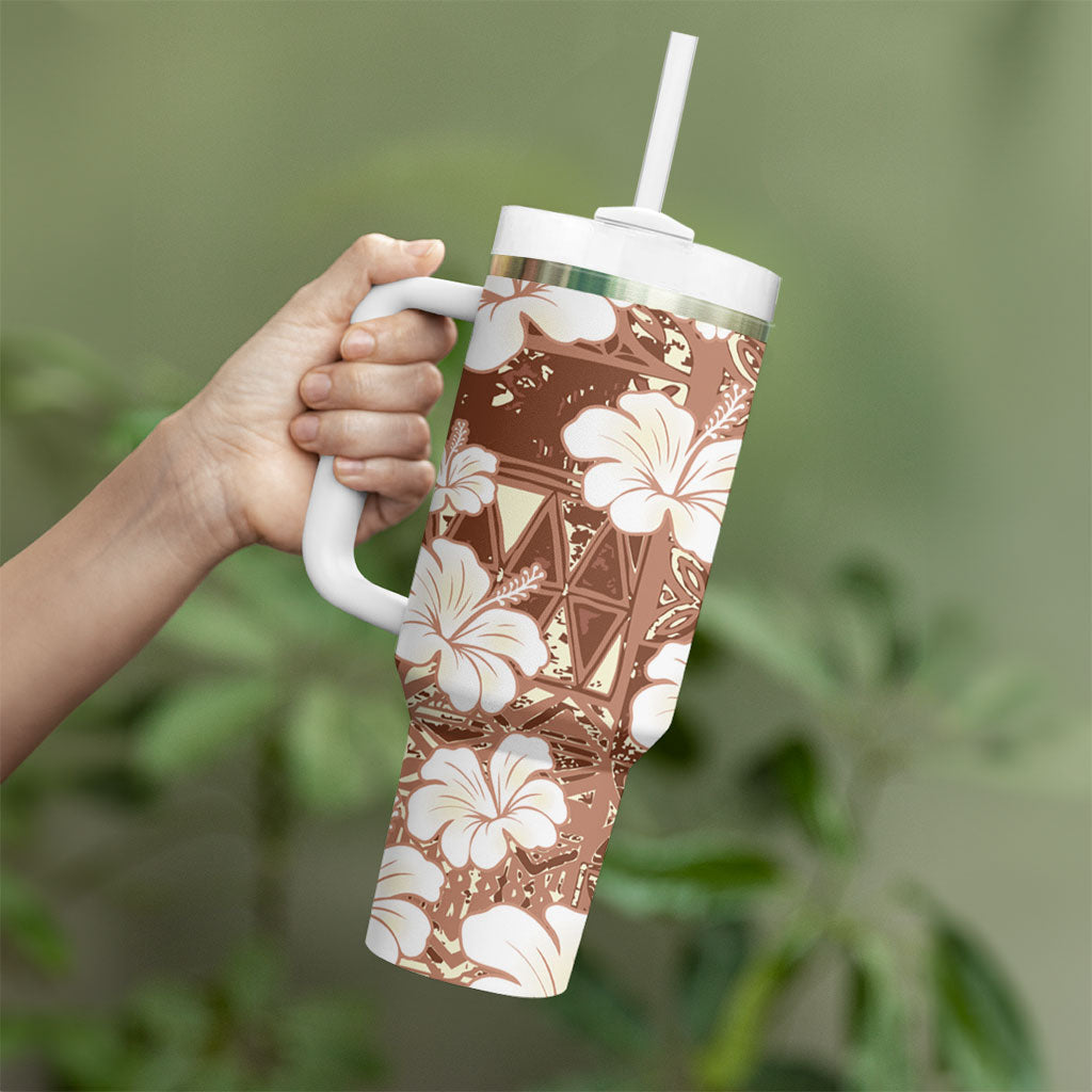 Brown Bula Fiji Masi Hibiscus Seamless Tumbler With Handle