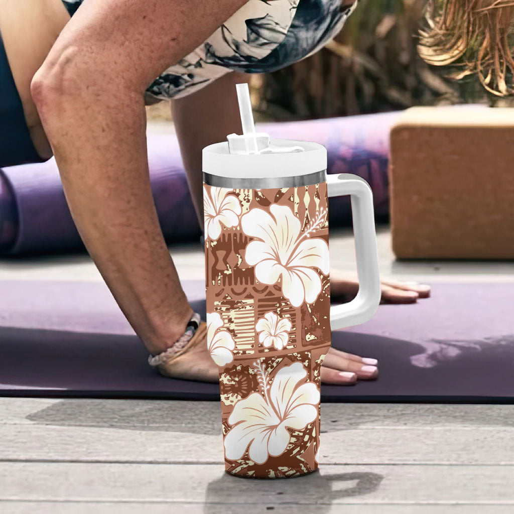 Brown Bula Fiji Masi Hibiscus Seamless Tumbler With Handle