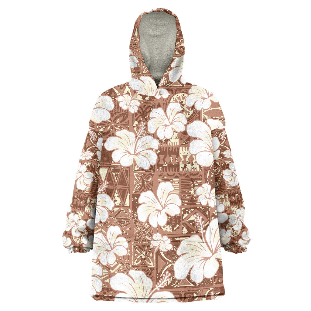 Brown Bula Fiji Masi Hibiscus Seamless Wearable Blanket Hoodie