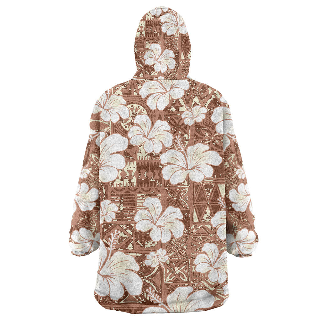 Brown Bula Fiji Masi Hibiscus Seamless Wearable Blanket Hoodie