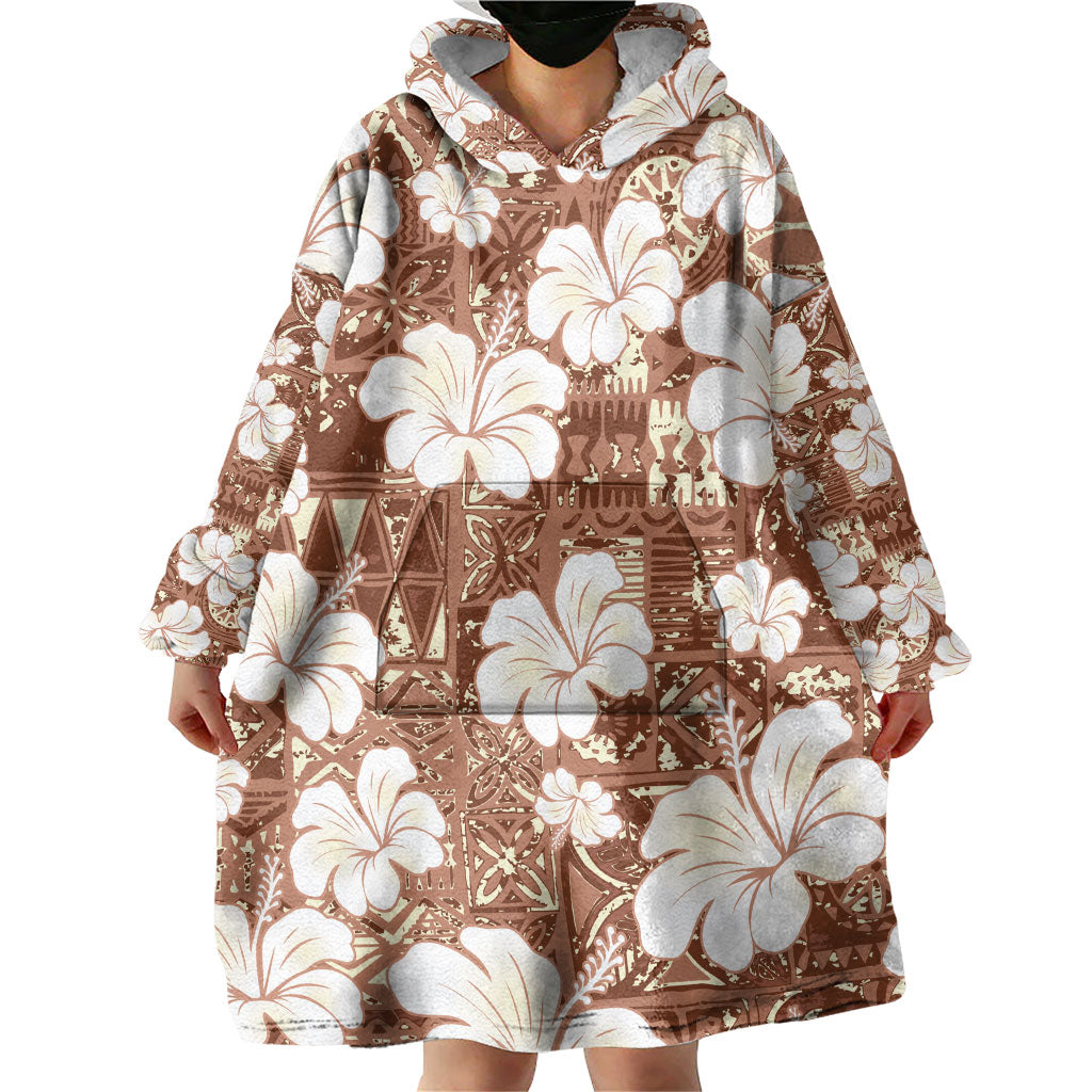 Brown Bula Fiji Masi Hibiscus Seamless Wearable Blanket Hoodie