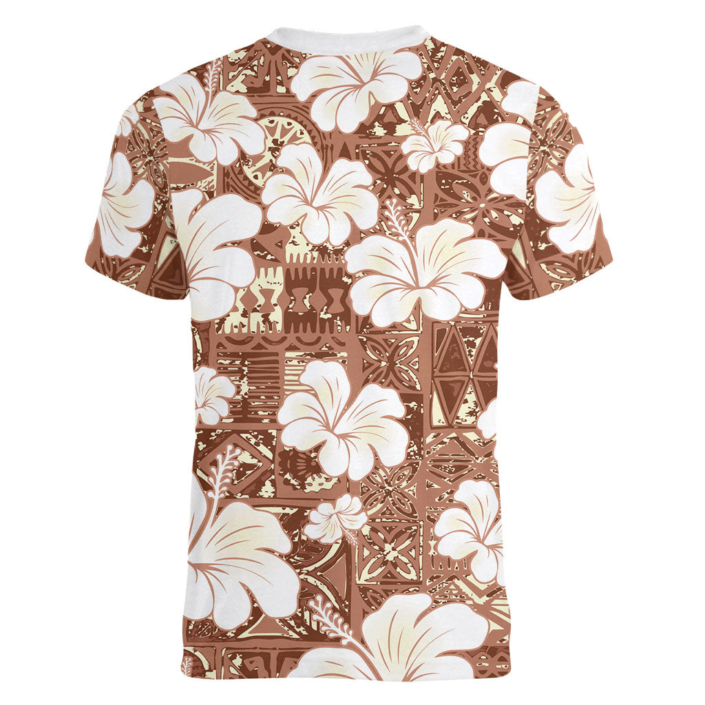 Brown Bula Fiji Masi Hibiscus Seamless Women V-Neck T-Shirt
