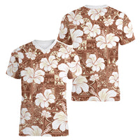 Brown Bula Fiji Masi Hibiscus Seamless Women V-Neck T-Shirt